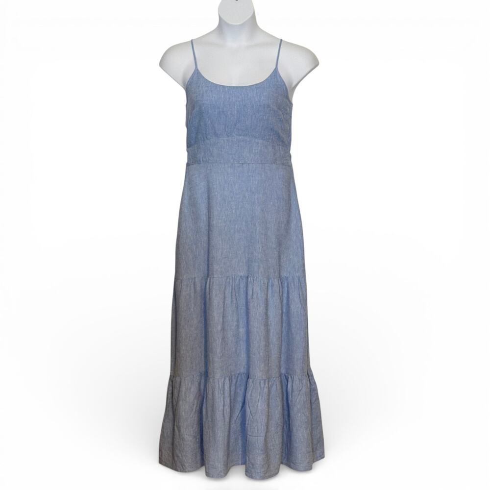 Joie Chambray Linen Blend Tiered Maxi Dress Sleeveless Pockets Resort Size 10